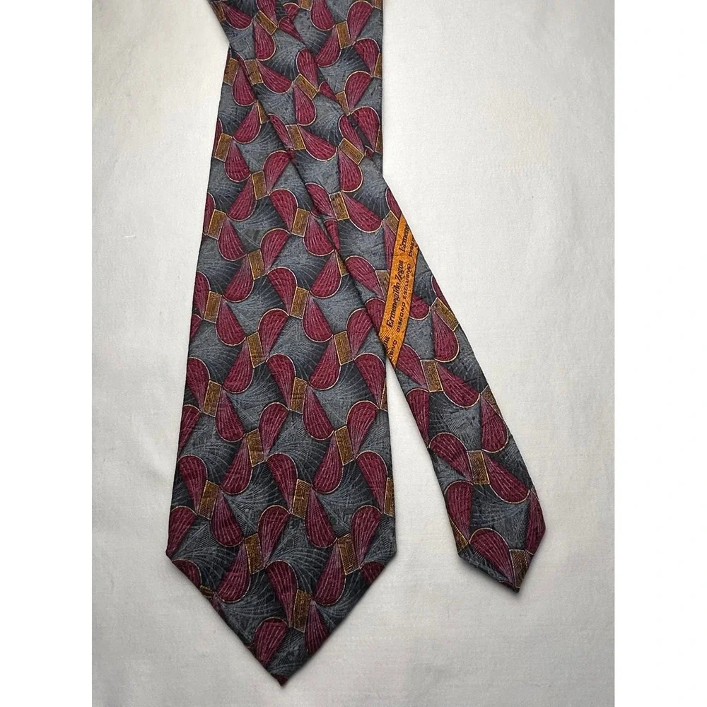 Ermenegildo Zegna Tie Silk Italy Burgundy Gray Gold Geometric Disegno Esclusivo